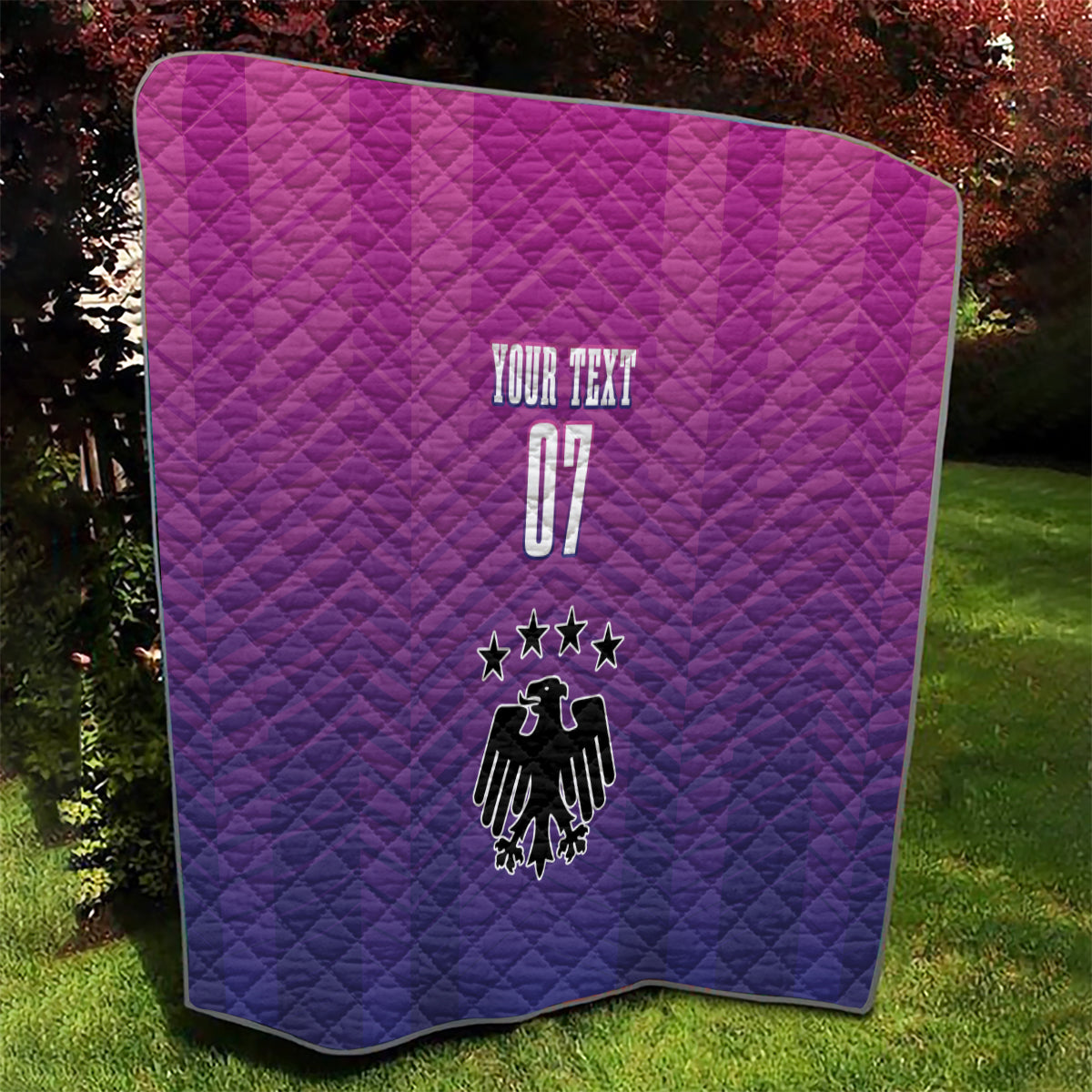 Germany football quilt, quilted pink and purple blanket with YOUR TEXT 07 and eagle graphic