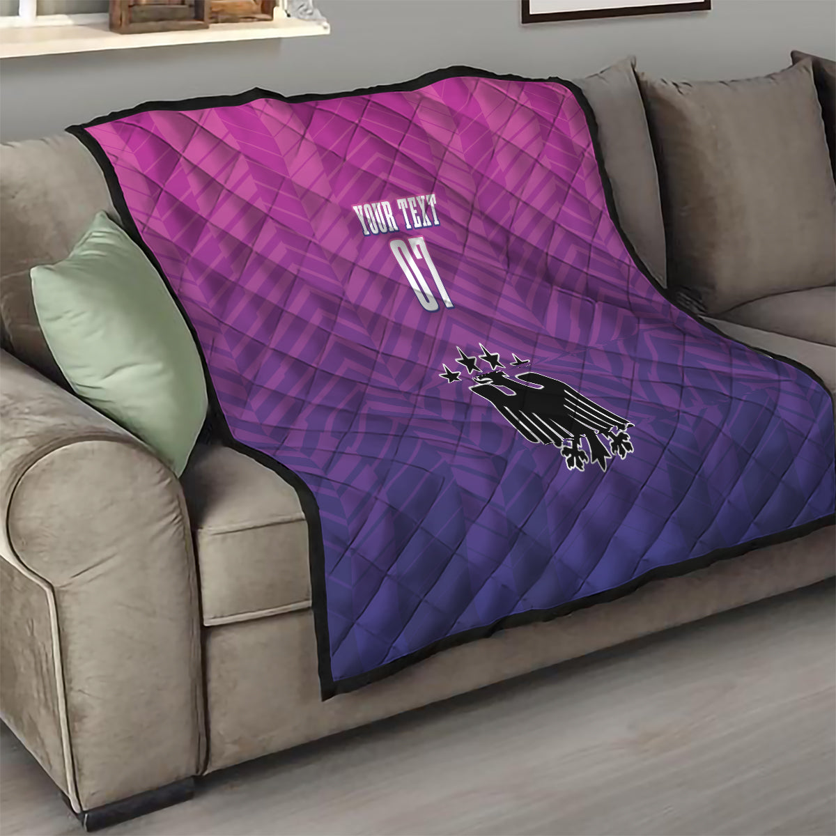 Germany football quilt, quilted pink-purple throw with YOUR TEXT 01 and eagle graphic