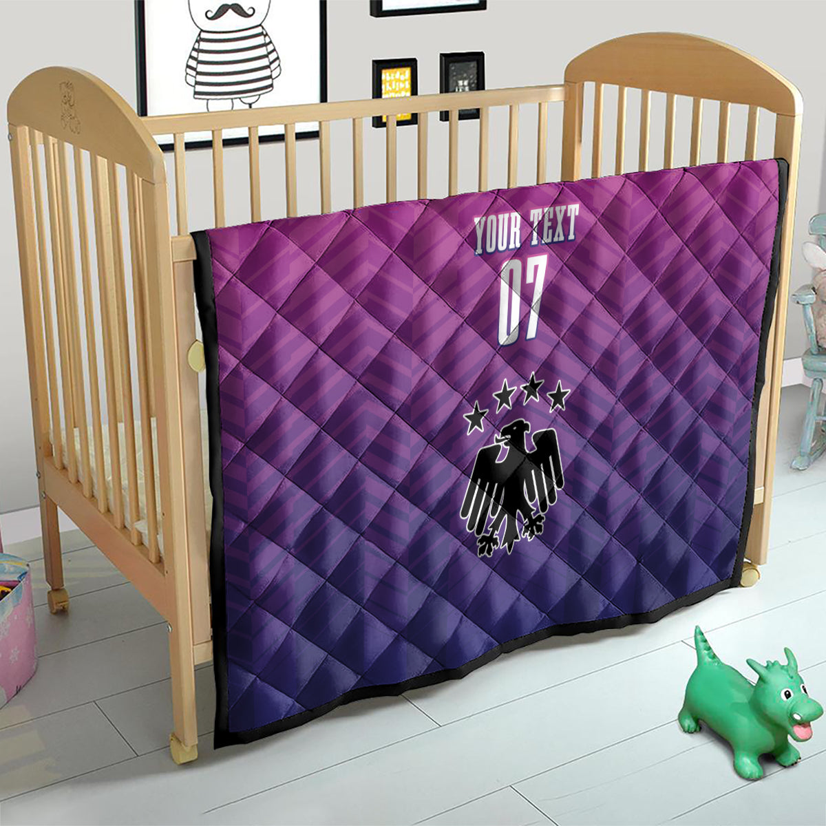 Germany football quilt blanket in pink-purple with YOUR TEXT 07 and eagle crest