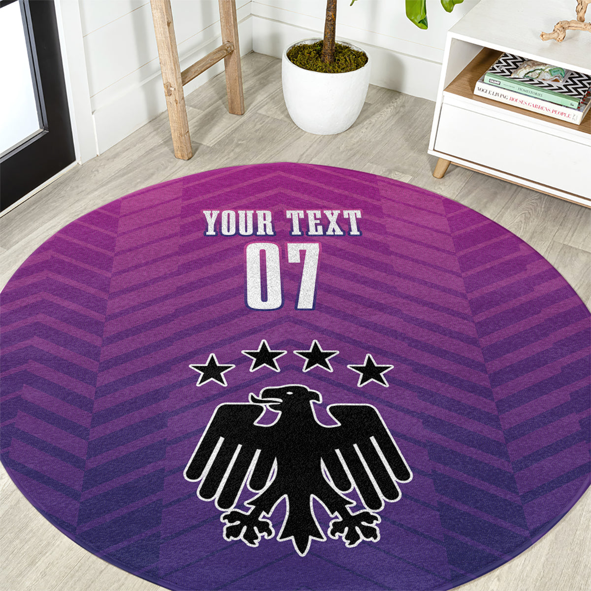 Round purple carpet with zigzag pattern, 'YOUR TEXT 07' and eagle emblem with stars