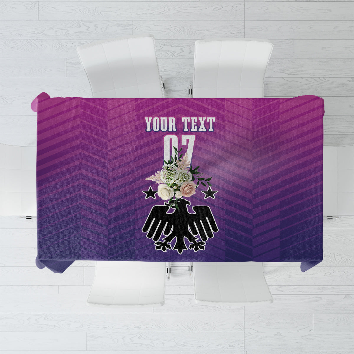 Football-themed tablecloth in purple with printed crest, stars, and number 07 center.