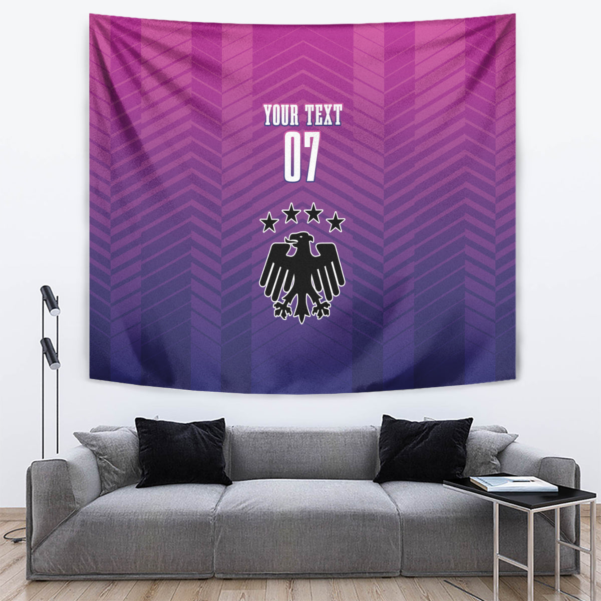 Pink and purple Germany football tapestry with chevron pattern and emblem, on a wall