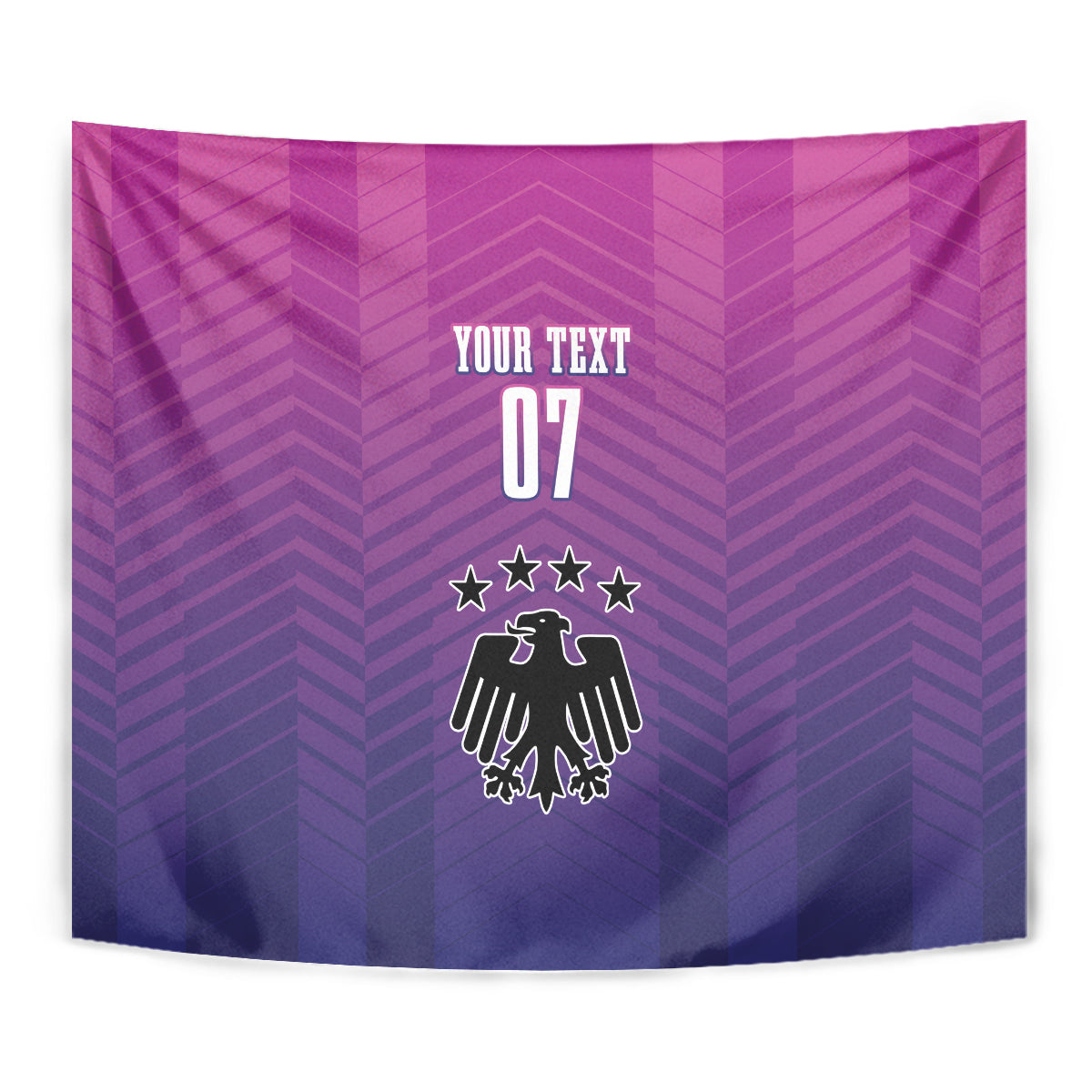 Pink and purple Germany football tapestry close-up with emblem, stars, and number 07