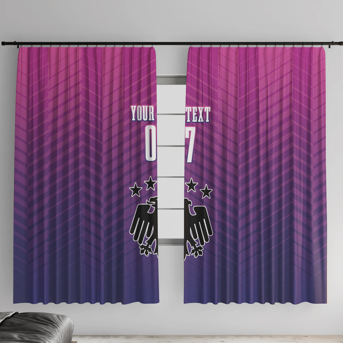 Germany football window curtain panels in purple with chevron stripes and Nationalelf graphic