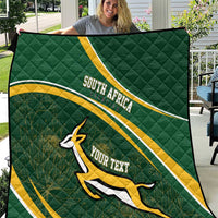 Dark green quilt with South Africa banner stripe, Bokke emblem, and personalized text panel