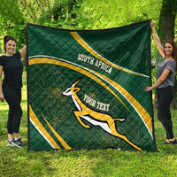 Dark green South Africa rugby quilt with diagonal gold-and-white stripes, Bokke emblem, custom text