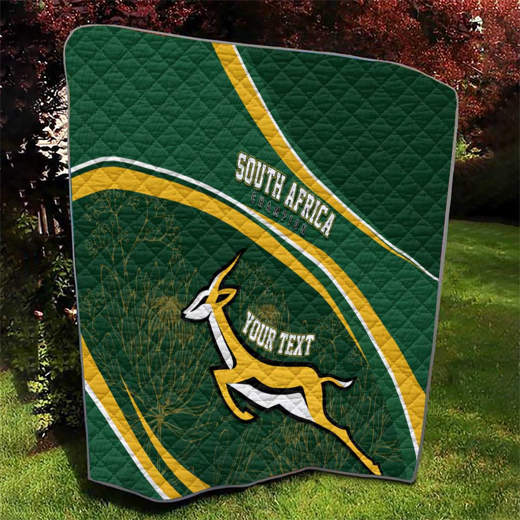 Dark green South Africa quilt with gold-and-white diagonal stripes, Bokke silhouette, custom text