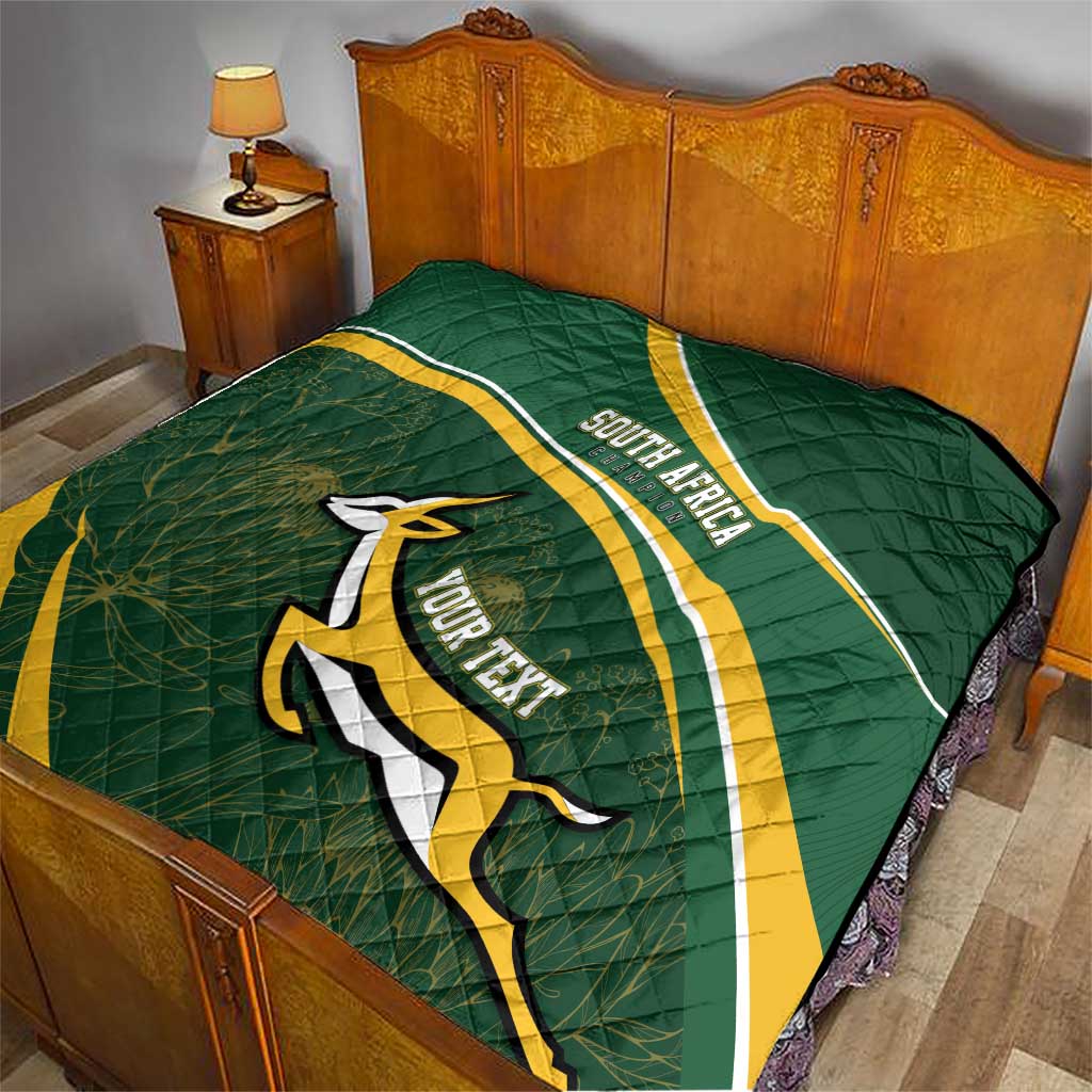 Dark green quilt with South Africa rugby emblem, gold-and-white stripes, and personalized text