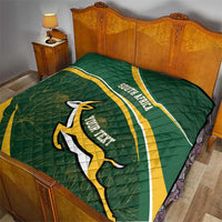 Dark green quilt with South Africa rugby emblem, gold-and-white stripes, and personalized text