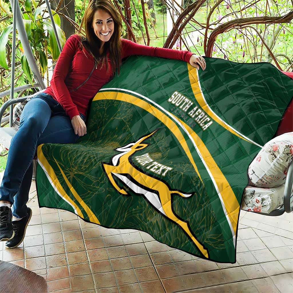 Dark green South Africa rugby quilt with diagonal gold-and-white stripes and Bokke emblem