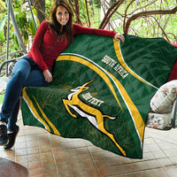 Dark green South Africa rugby quilt with diagonal gold-and-white stripes and Bokke emblem