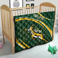 Dark green quilt for baby bed with South Africa banner stripes and Bokke emblem, custom text