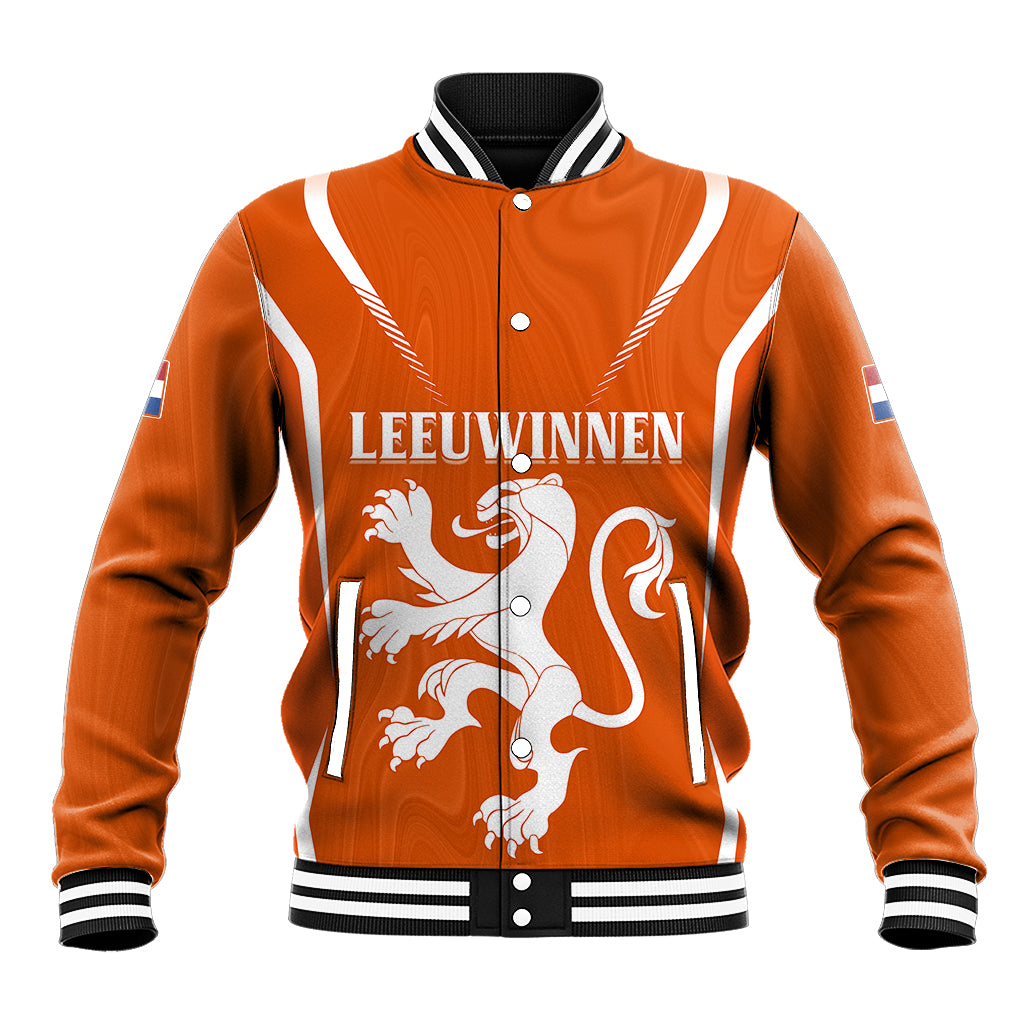 Orange baseball varsity jacket with lion graphic, white ribbed collar and buttons