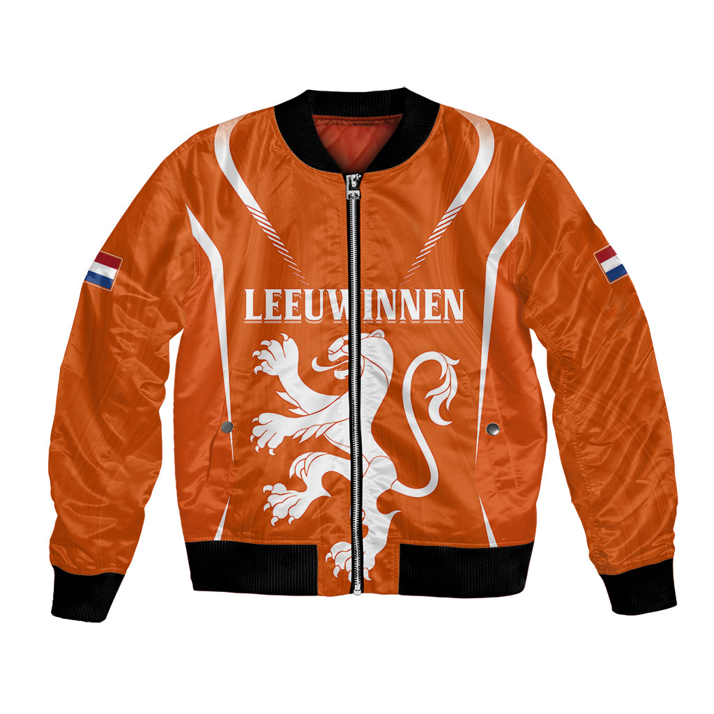 Orange bomber jacket with zipper front, ribbed collar and cuffs, lion graphic on chest