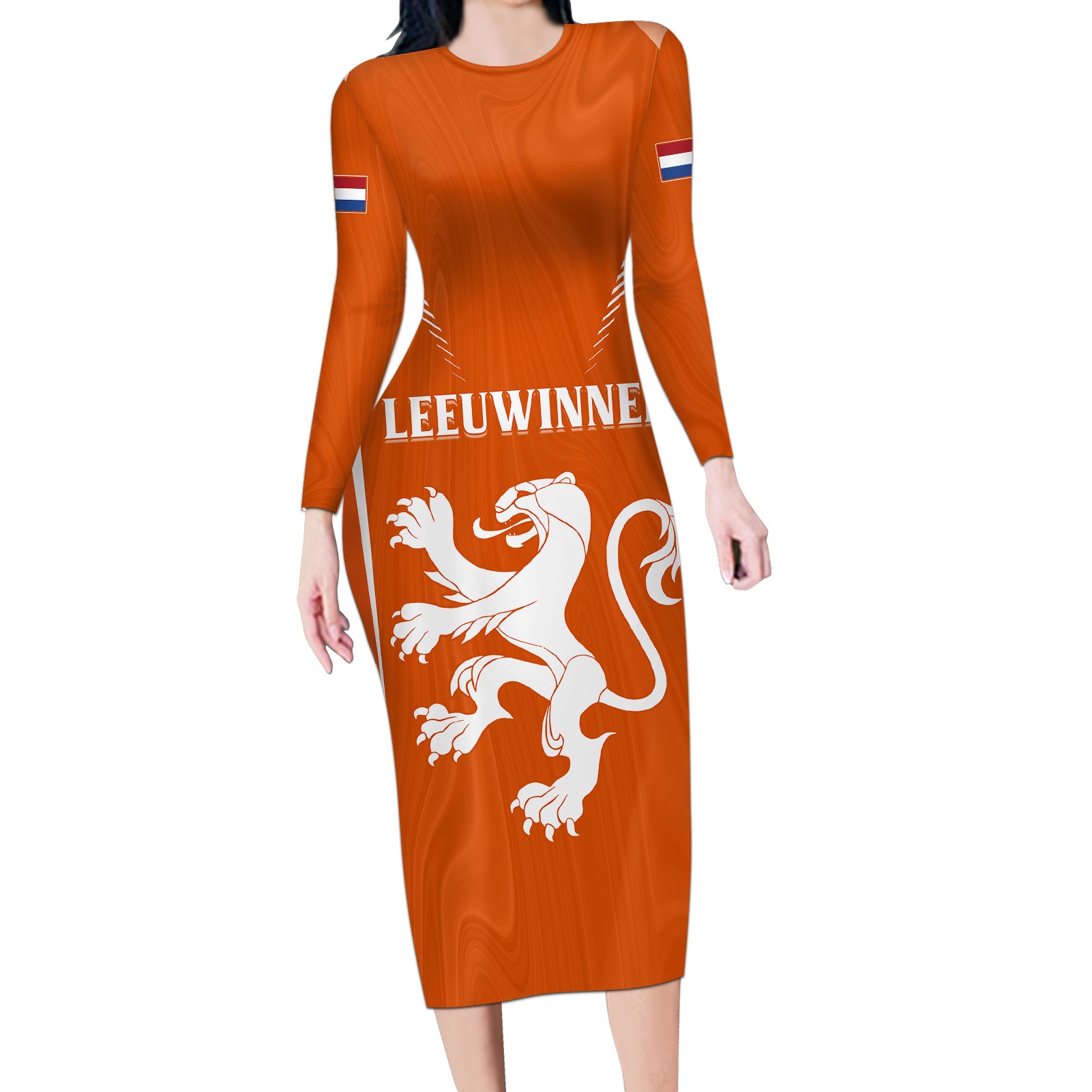 Personalised Netherlands Football Long Sleeve Bodycon Dress Lionesses World Cup 2023 - Wonder Print Shop