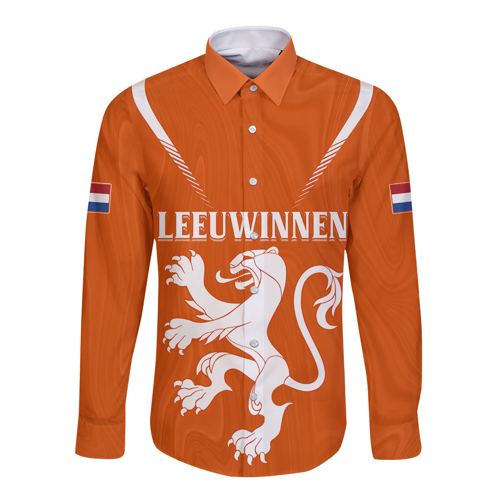 Personalised Netherlands football long-sleeve button shirt, orange with lion and 'LEEUWINNEN'