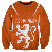 Orange crewneck football sweatshirt with white lion graphic and Netherlands flag sleeves