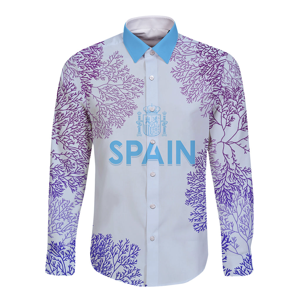 Button-front long-sleeve Spain jersey shirt, light blue collar, purple tree pattern, “SPAIN”