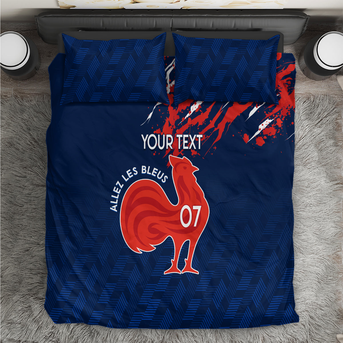 Blue rugby bedding set with 2 pillowcases, red rooster splash and custom text
