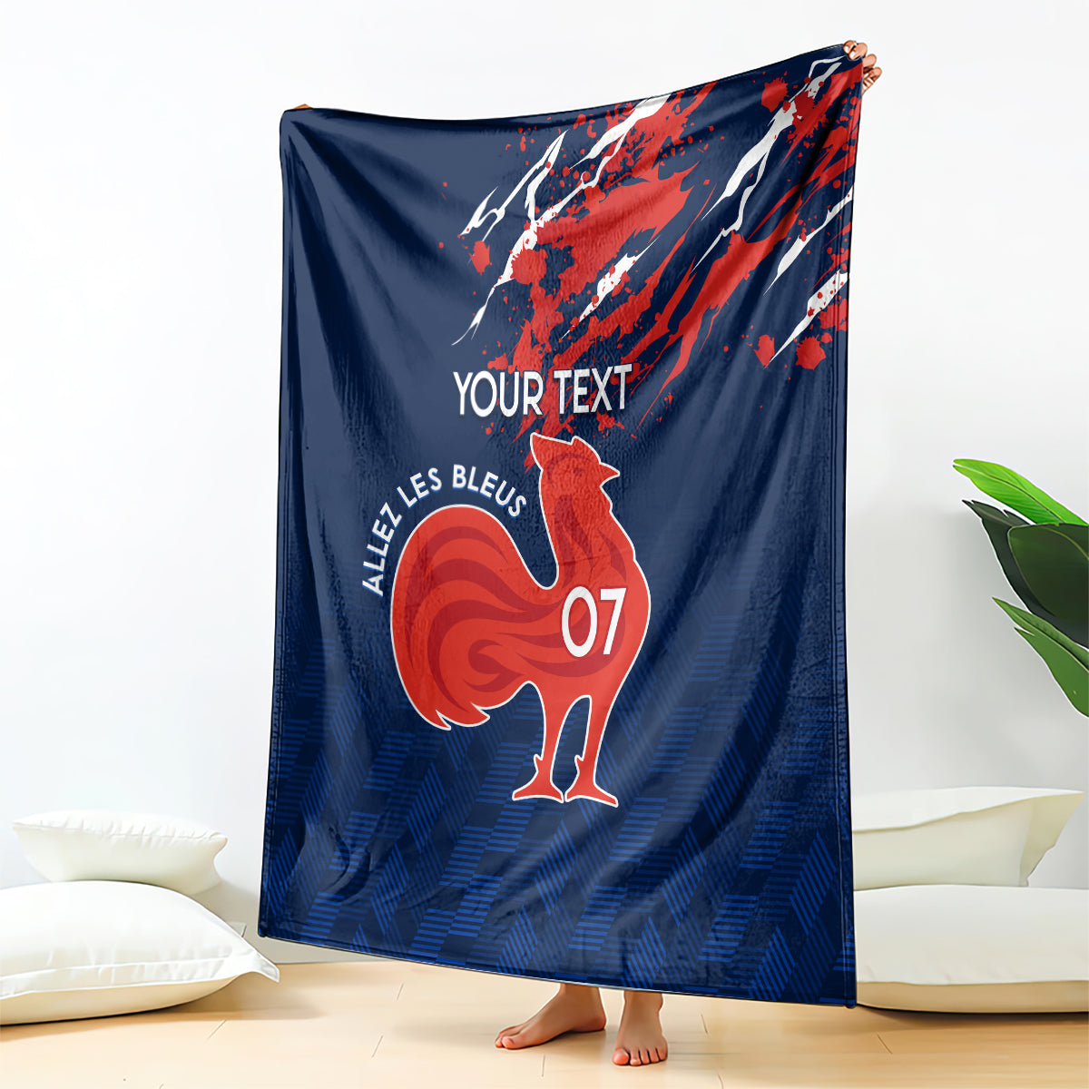 Personalised France rugby blanket in blue with red rooster, 'YOUR TEXT' and 'Allez Les Bleus'