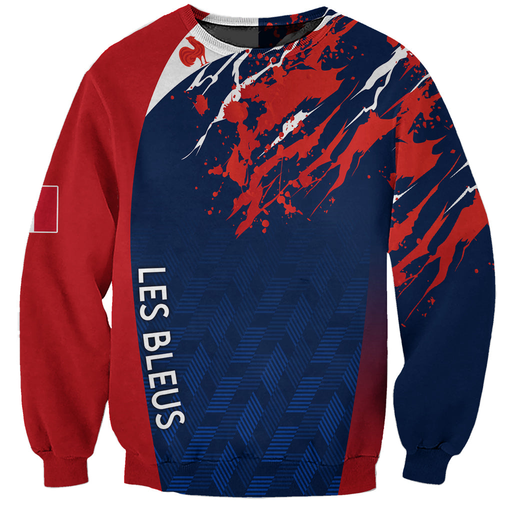 Unisex rugby sweatshirt, red/blue grunge graphic with 'LES BLEUS' text