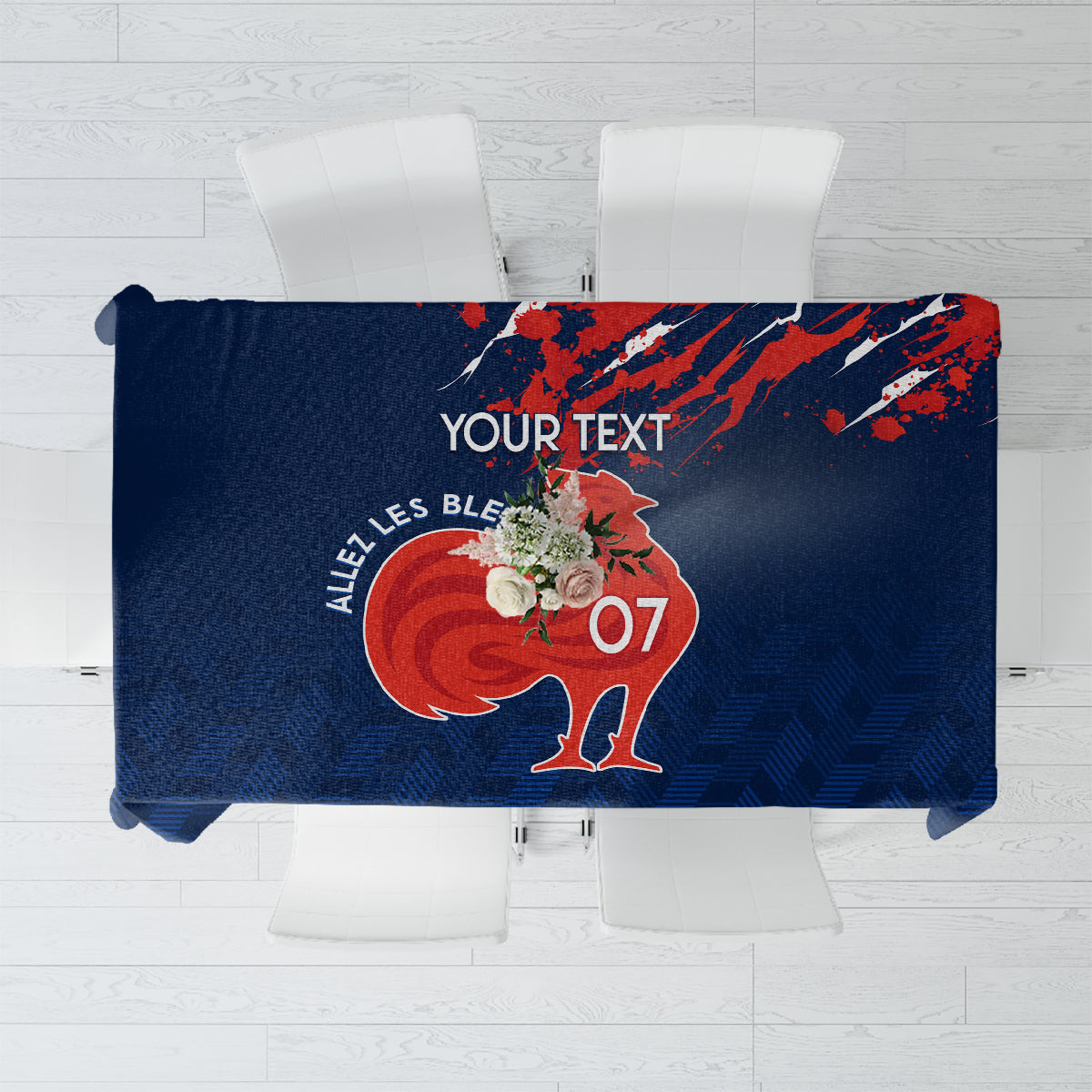Navy blue personalized rugby tablecloth with grunge splatter graphic and text area