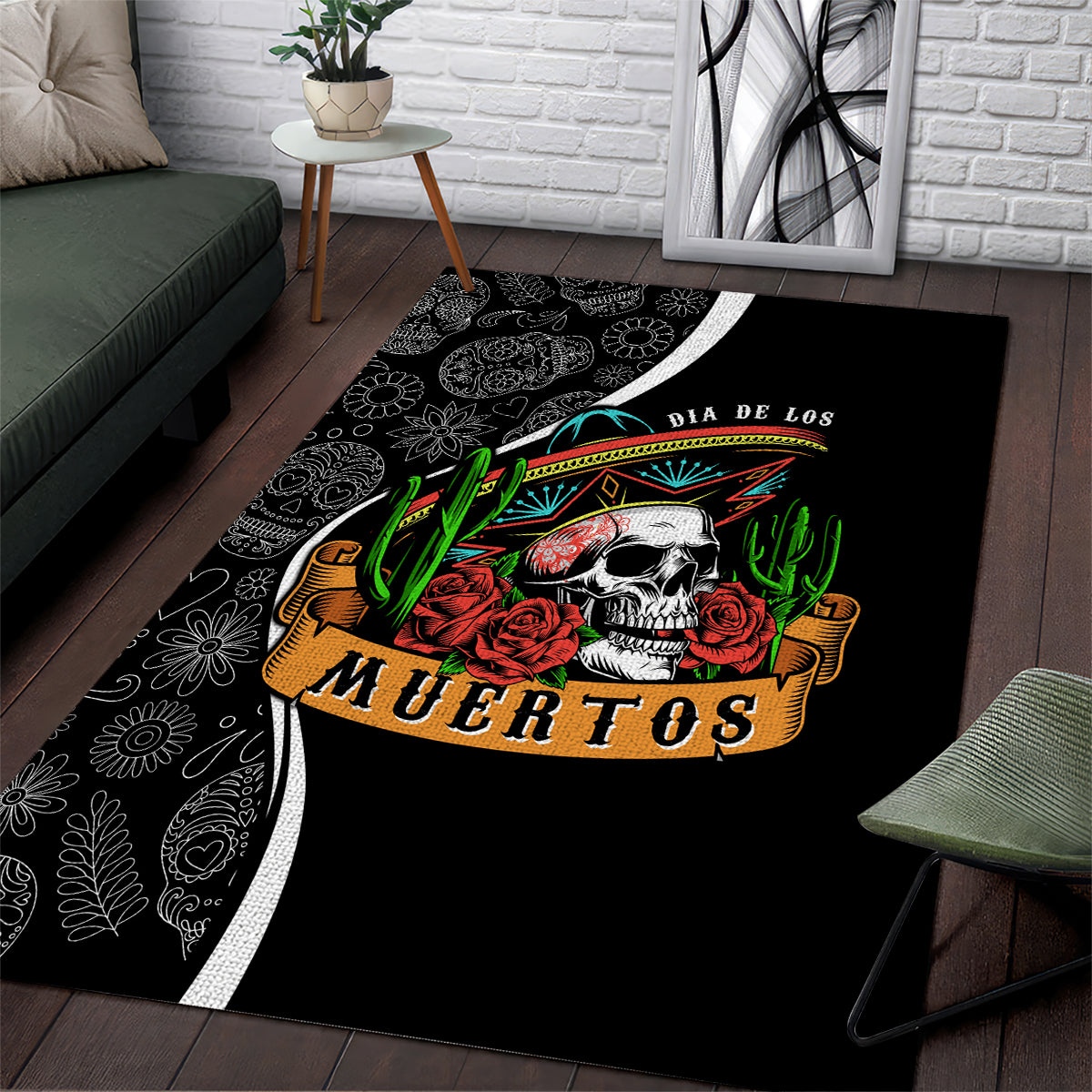 Black Dia de los Muertos area rug with skull, roses, cactus and decorative border