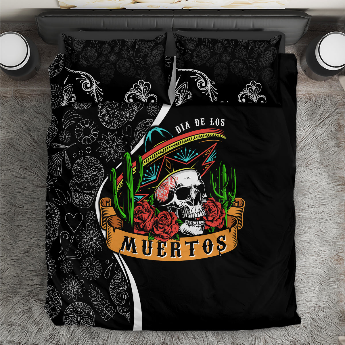 Black Dia de los Muertos bedding set with skull sombrero, roses, and cactus print