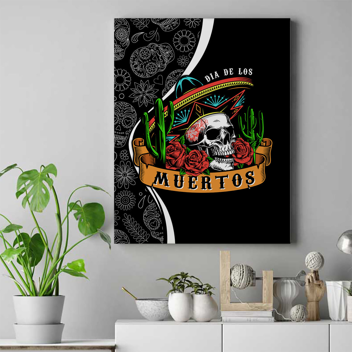 Framed canvas wall art with black sombrero sugar skull, roses, and Dia de los accents