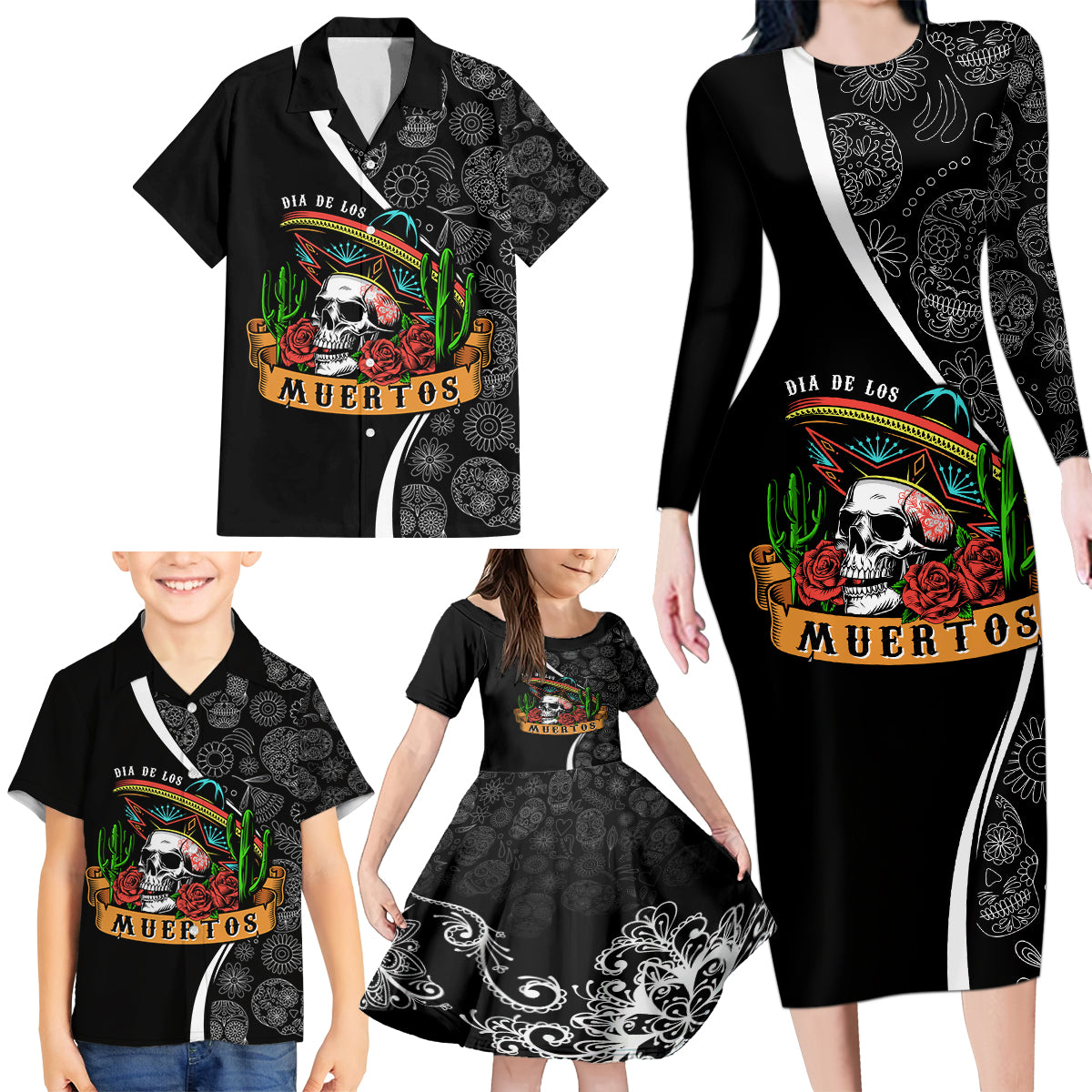 mexico-day-of-the-dead-family-matching-long-sleeve-bodycon-dress-and-hawaiian-shirt-sombrero-sugar-skull-with-roses