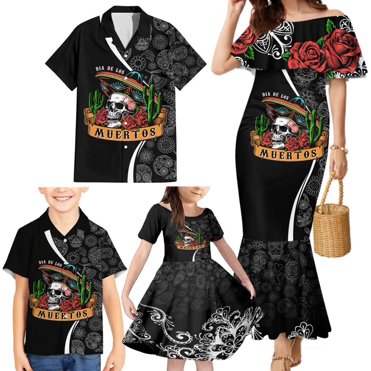 mexico-day-of-the-dead-family-matching-mermaid-dress-and-hawaiian-shirt-sombrero-sugar-skull-with-roses