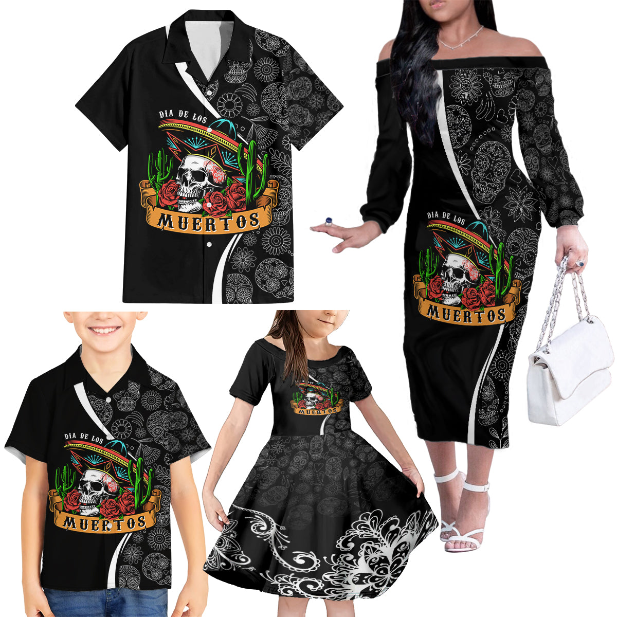 mexico-day-of-the-dead-family-matching-off-shoulder-long-sleeve-dress-and-hawaiian-shirt-sombrero-sugar-skull-with-roses