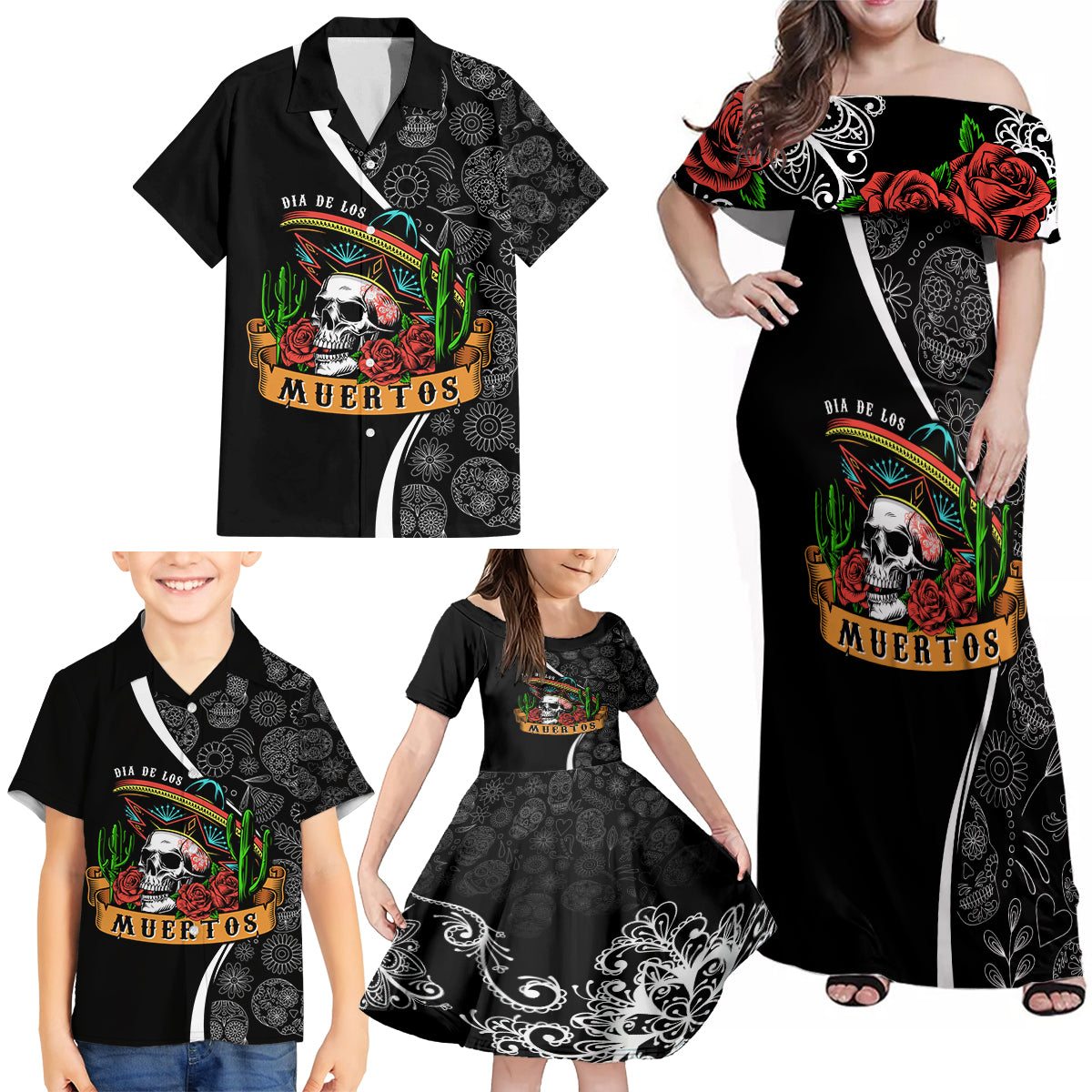 mexico-day-of-the-dead-family-matching-off-shoulder-maxi-dress-and-hawaiian-shirt-sombrero-sugar-skull-with-roses