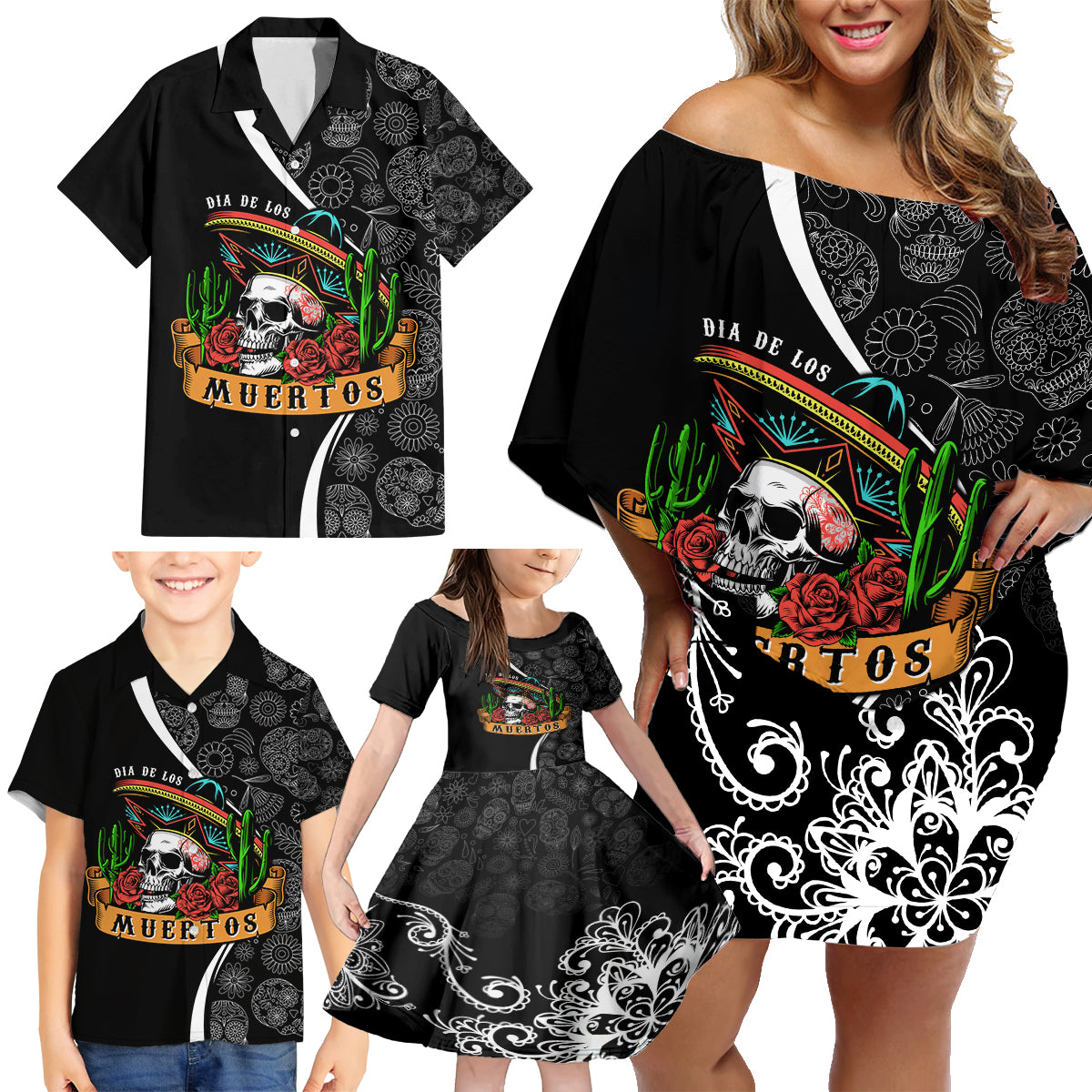 mexico-day-of-the-dead-family-matching-off-shoulder-short-dress-and-hawaiian-shirt-sombrero-sugar-skull-with-roses