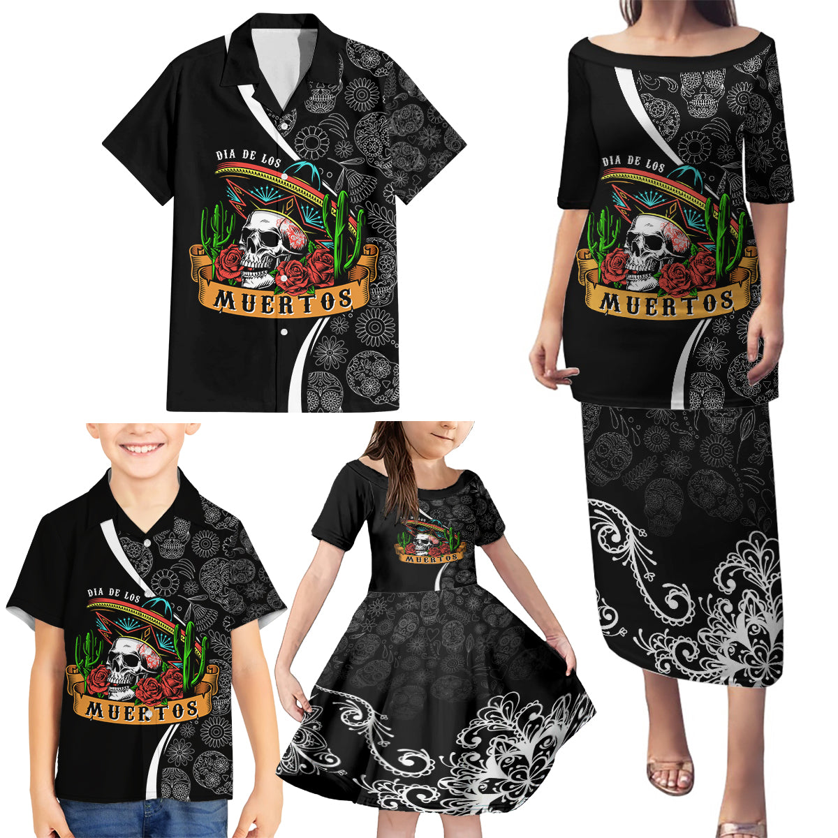 mexico-day-of-the-dead-family-matching-puletasi-dress-and-hawaiian-shirt-sombrero-sugar-skull-with-roses