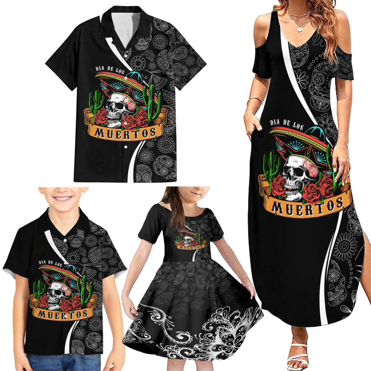 mexico-day-of-the-dead-family-matching-summer-maxi-dress-and-hawaiian-shirt-sombrero-sugar-skull-with-roses