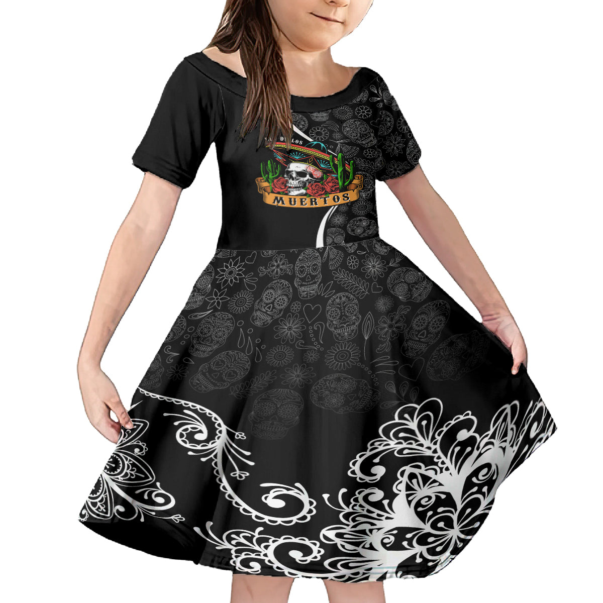 mexico-day-of-the-dead-kid-short-sleeve-dress-sombrero-sugar-skull-with-roses