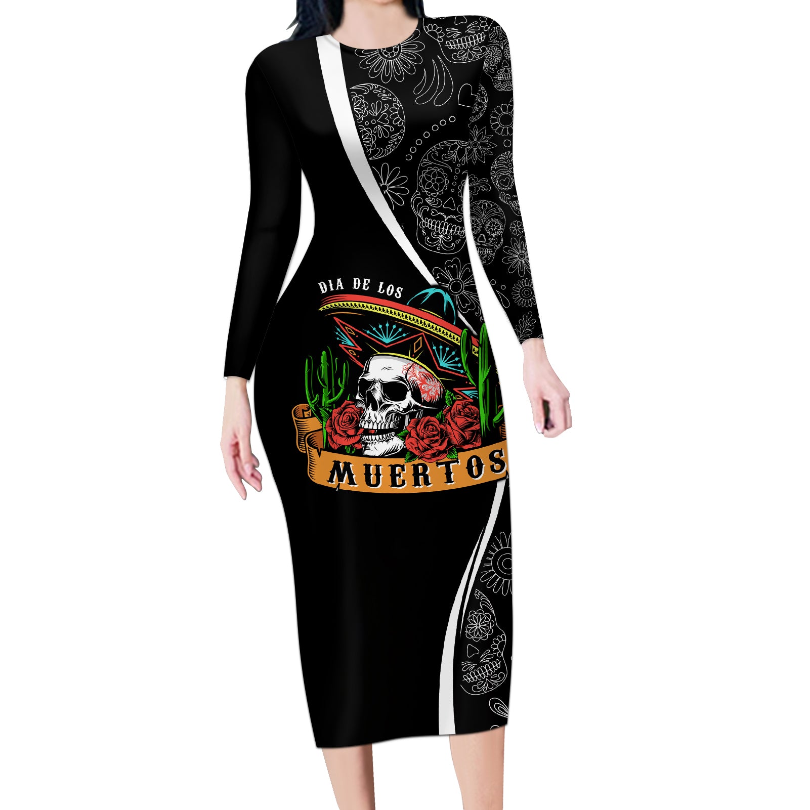 mexico-day-of-the-dead-long-sleeve-bodycon-dress-sombrero-sugar-skull-with-roses