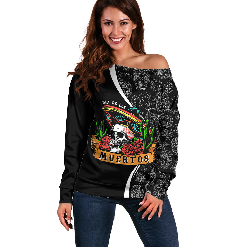 Mexico Day Of The Dead Off Shoulder Sweater Sombrero Sugar Skull With Roses - Wonder Print Shop