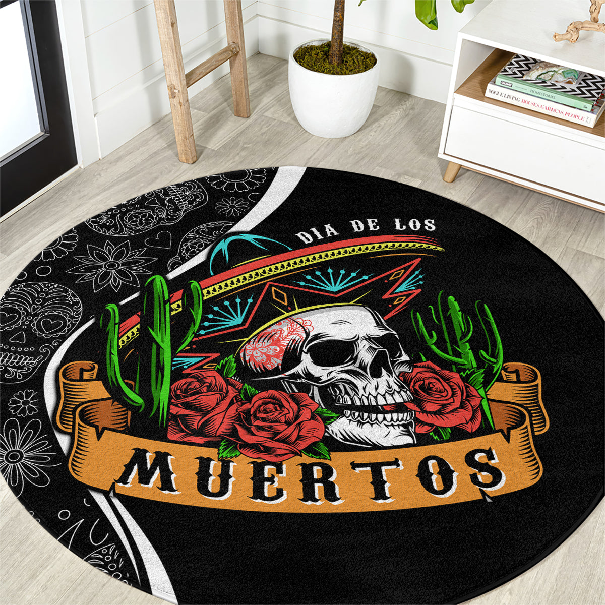 Black round Dia de los Muertos rug with skull, roses, cacti and colorful banner