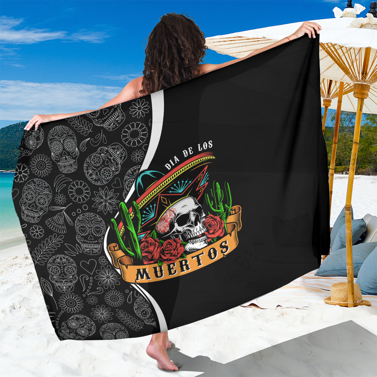 Black day of the dead sarong with skull, roses, and cactus artwork wrap