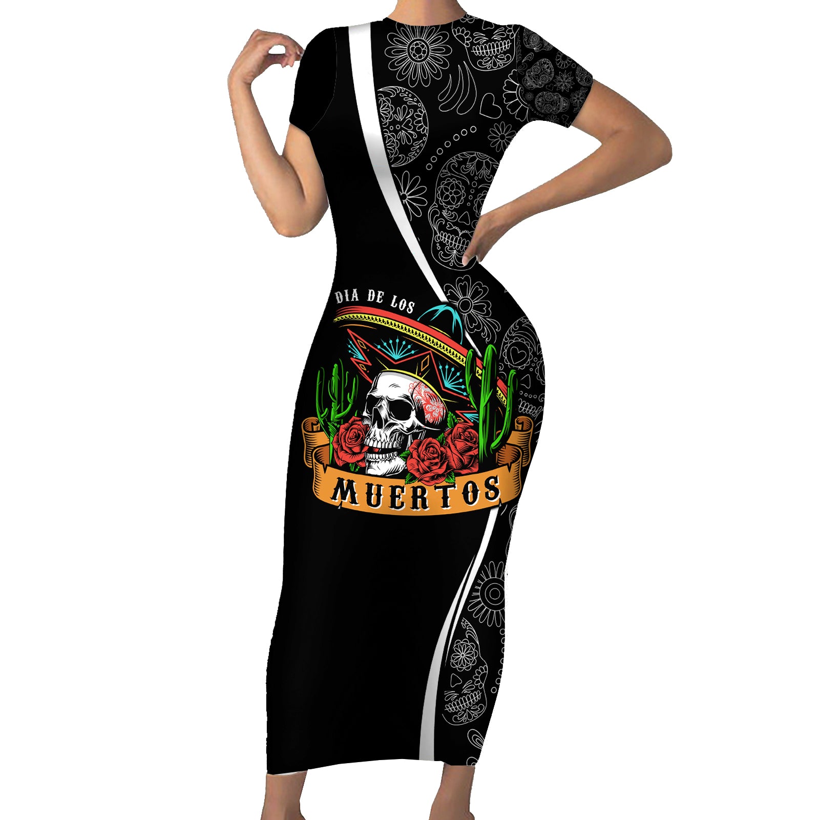 mexico-day-of-the-dead-short-sleeve-bodycon-dress-sombrero-sugar-skull-with-roses