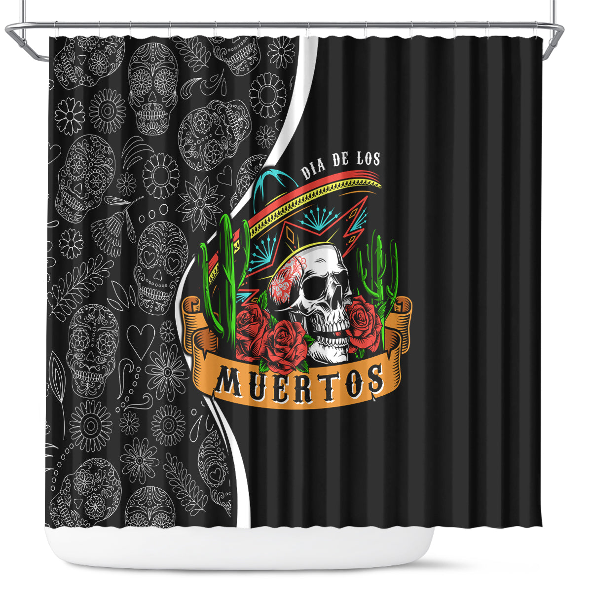 Black shower curtain with Day of the Dead skull, roses, and cactus graphic centerpiece