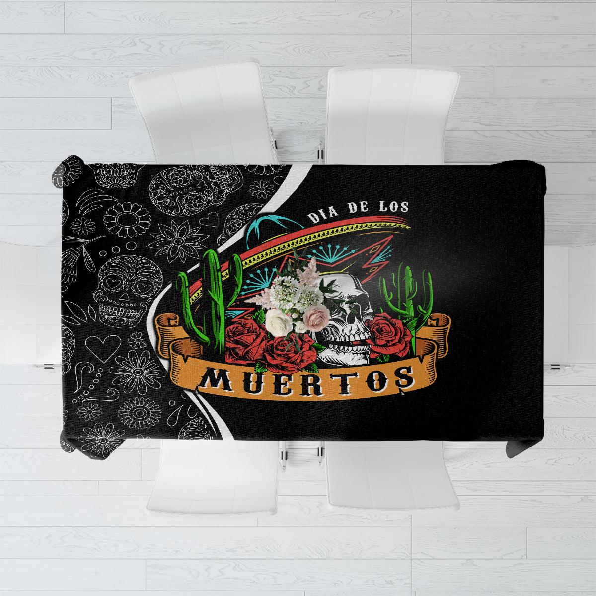 Black Day of the Dead tablecloth with sugar skull and sombrero roses print