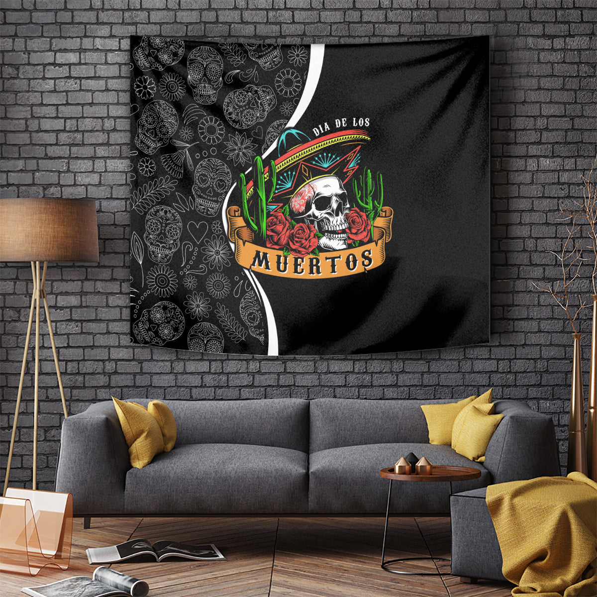 Black Day of the Dead wall tapestry with skull in sombrero, roses, cactus; curved split design