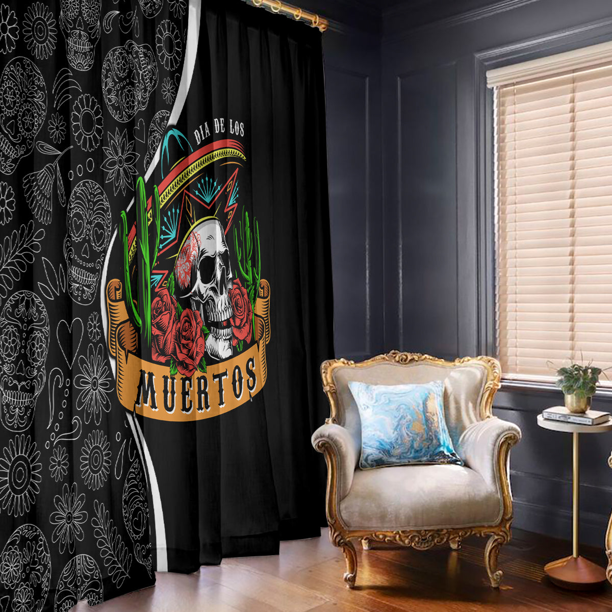 Black window curtain with sugar skull sombrero and roses graphic