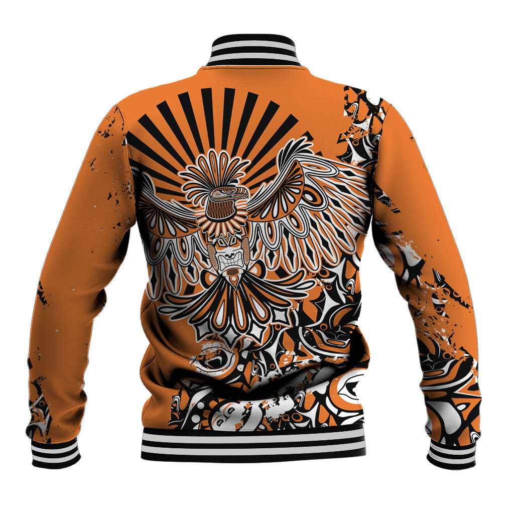 Canada Indigenous Orange Baseball Jacket Haida Art Thunder Bird