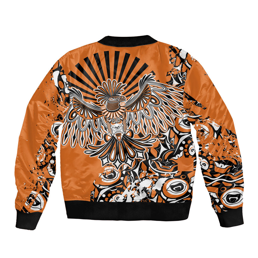 Canada Indigenous Orange Bomber Jacket Haida Art Thunder Bird