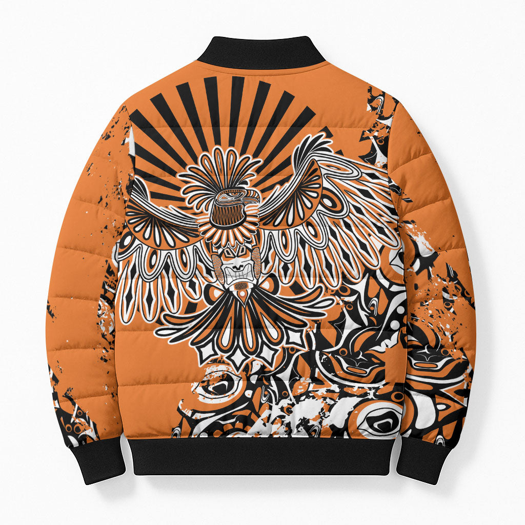 Canada Indigenous Orange Bomber Puffer Jacket Haida Art Thunder Bird