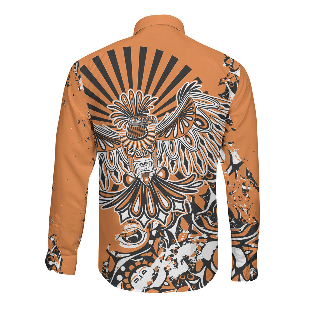 Canada Indigenous Orange Long Sleeve Button Shirt Haida Art Thunder Bird